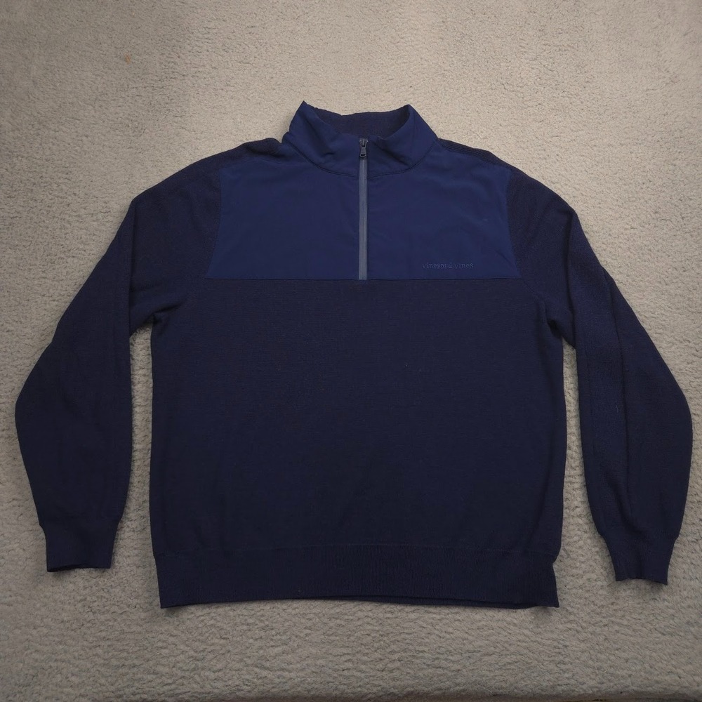 Vineyard Vines Mens L Navy Merino Wool Blend Quarter Zip Sweater 1E0338